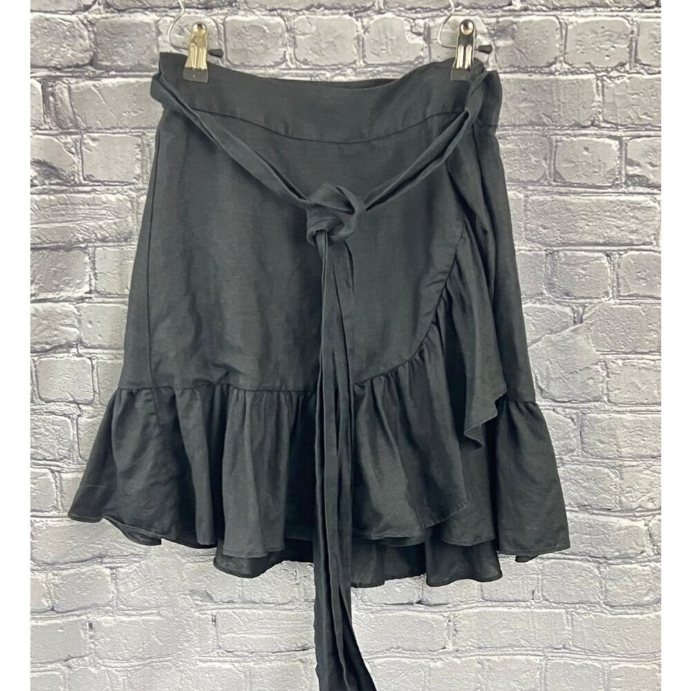Banana Republic Womens Black Wrap Skirt‎ Size 4 100% Linen Ruffle Hem